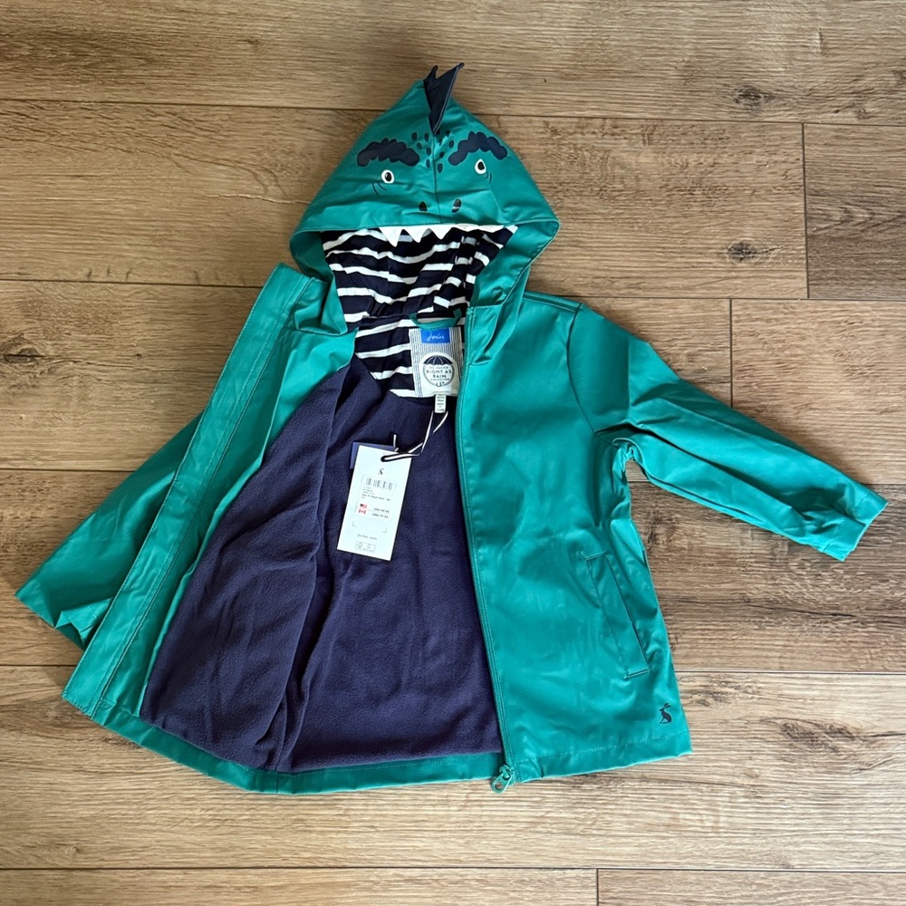 Joules Kids Hooded Rain Jacket with Dinosaur Design - Size 3Y